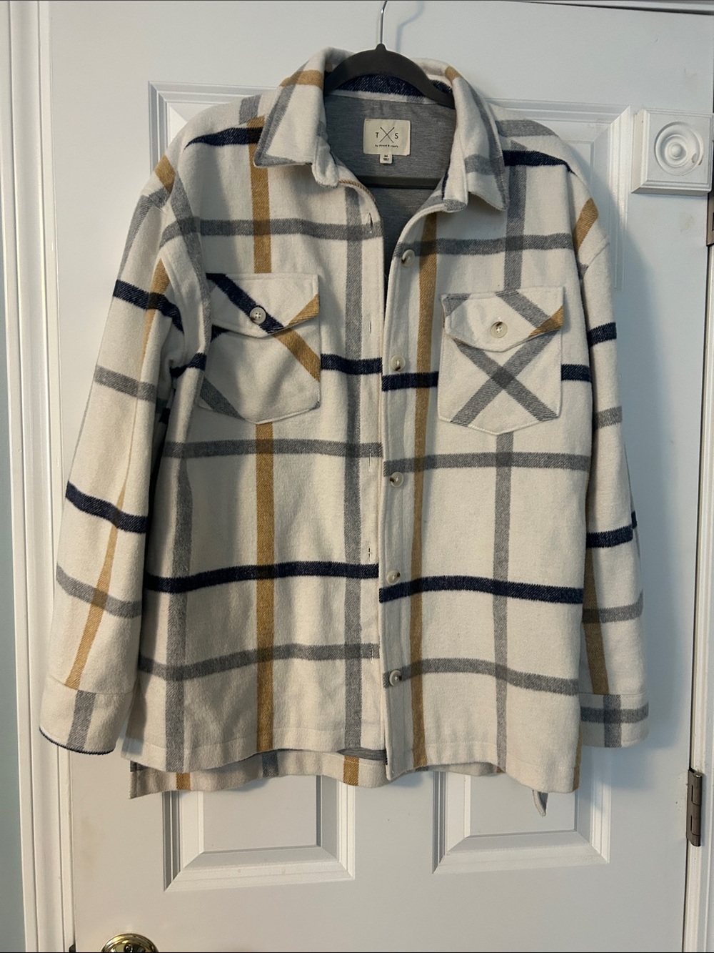 Thread & Supply Cream Plaid Shacket with Gray and Navy Stripes